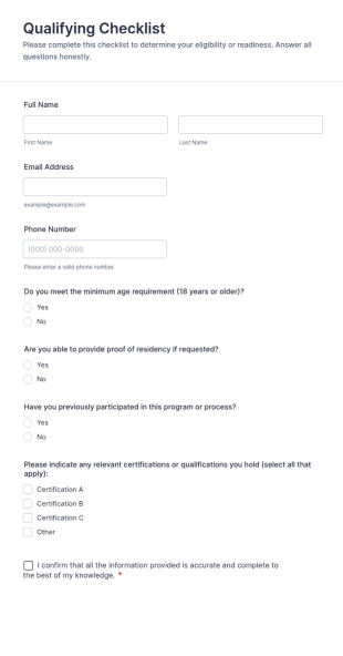 Qualifying Checklist Form Template