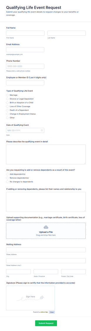 Qualifying Life Event Request Form Template