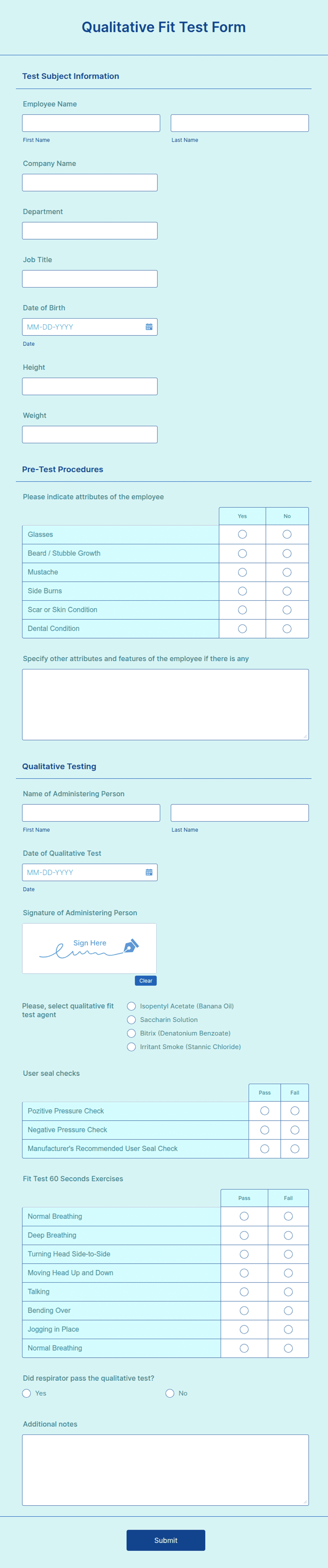 Fit Testing Sensitivity Form Qualitative Fit Test Form Template | Jotform