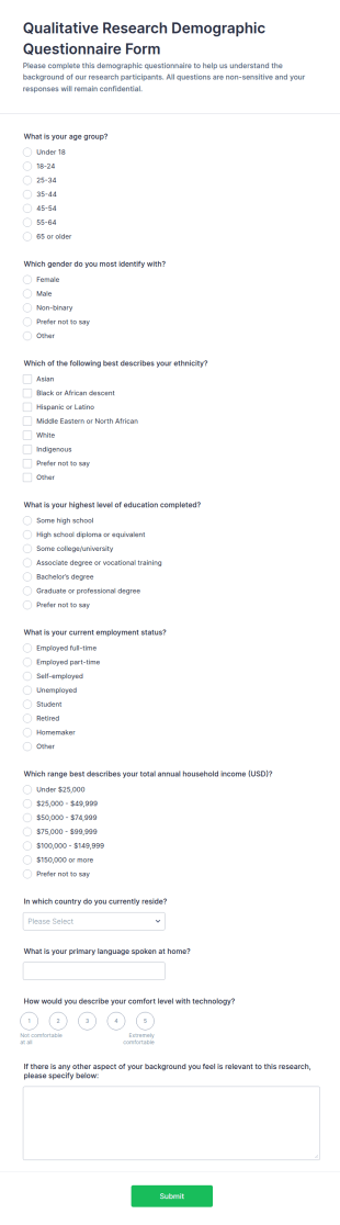 Qualitative Research Demographic Questionnaire Form Template