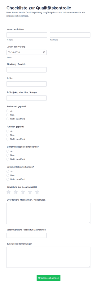 Qualitätskontroll Checkliste Formular