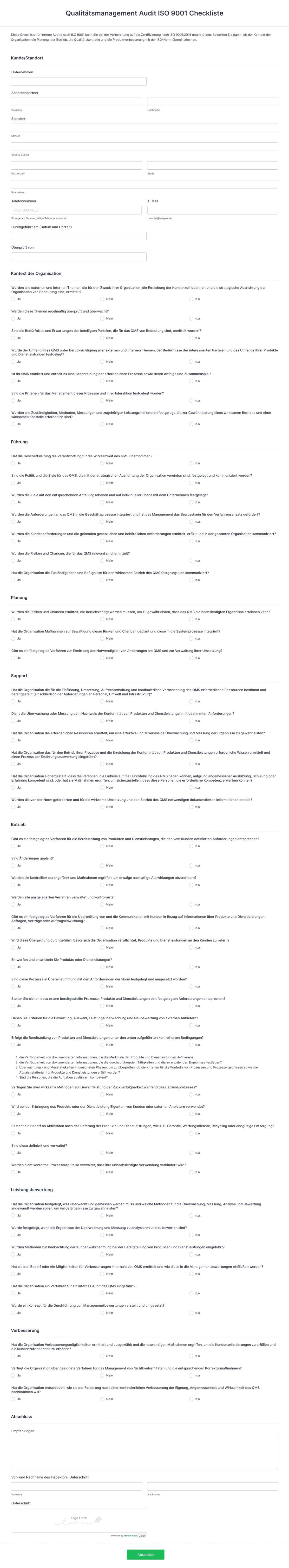 Qualitätsmanagement Audit ISO 9001 Checkliste Formularvorlage | Jotform