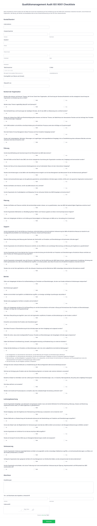 Qualitätsmanagement Audit ISO 9001 Checkliste