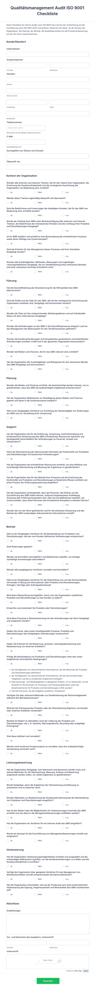 Qualitätsmanagement Audit ISO 9001 Checkliste