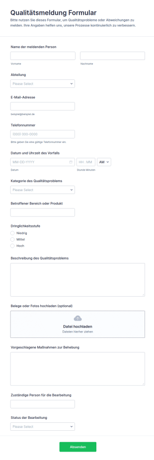 Qualitätsmeldung Formular
