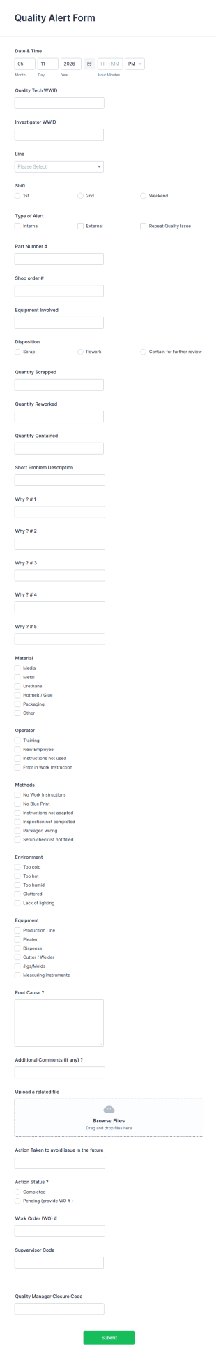 Quality Alert Form Template