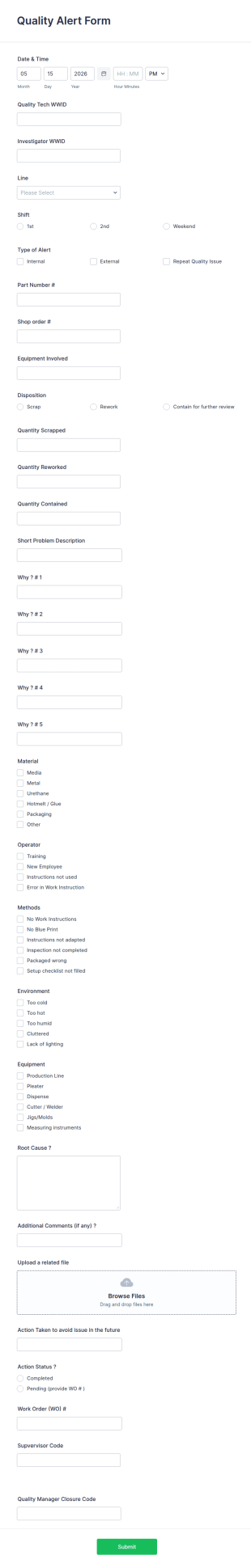 Quality Alert Form Template