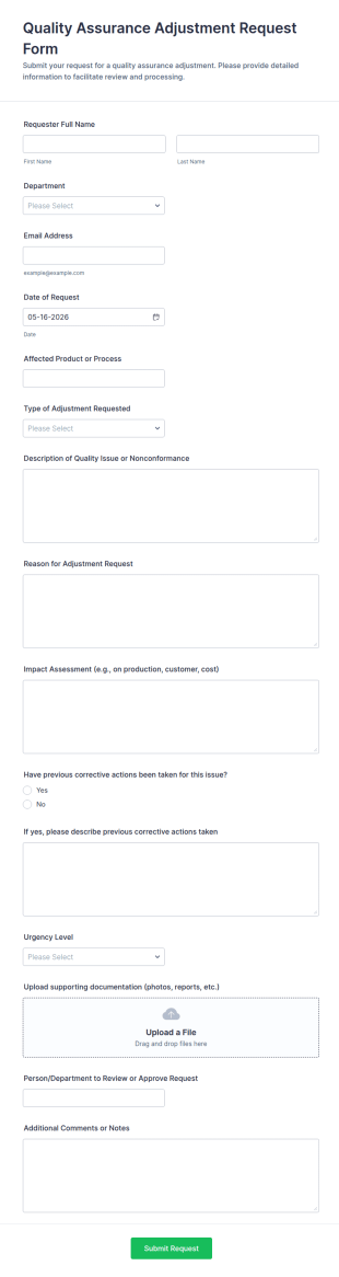 Quality Assurance Adjustment Request Form Template