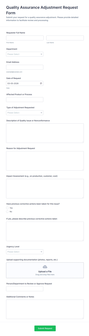 Quality Assurance Adjustment Request Form Template