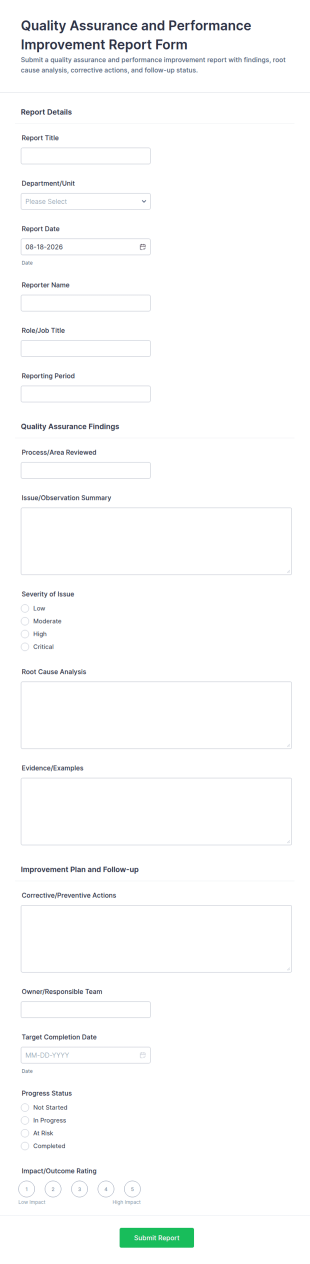 Quality Assurance And Performance Improvement Report Form Template