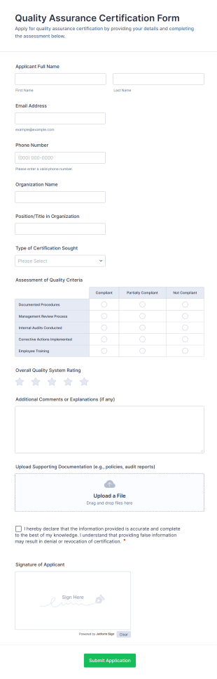 Quality Assurance Certification Form Template