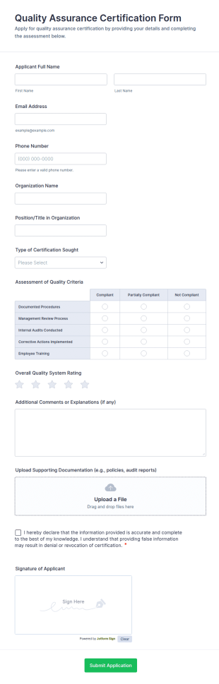 Quality Assurance Certification Form Template