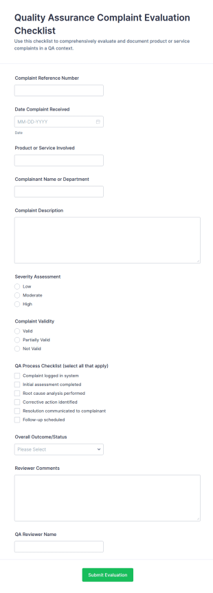 Quality Assurance Complaint Evaluation Checklist Form Template