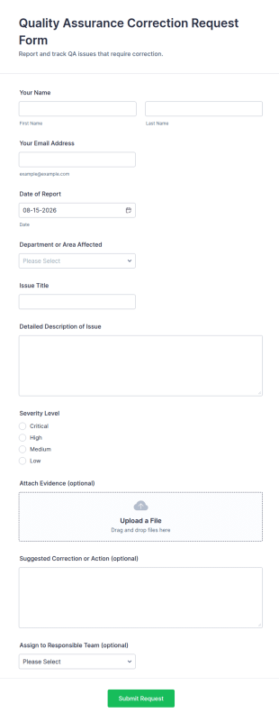Quality Assurance Correction Request Form Template