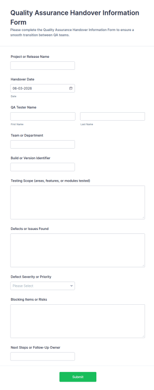 Quality Assurance Handover Information Form Template