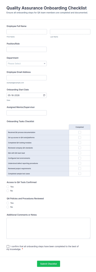 Quality Assurance Onboarding Checklist Form Template