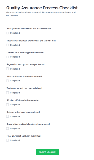 Quality Assurance Process Checklist Form Template