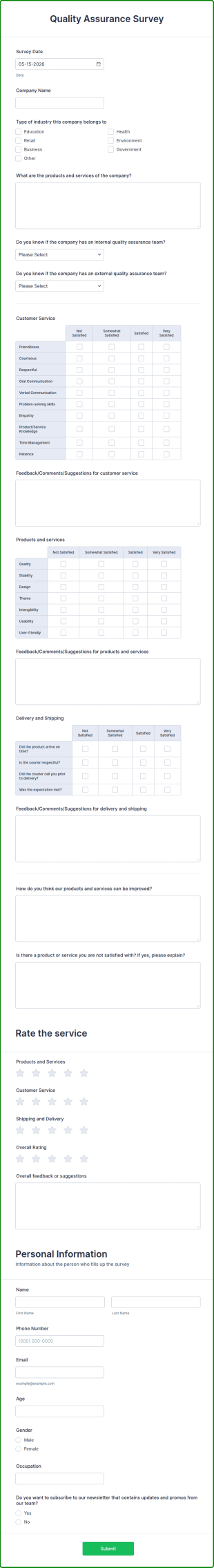 Quality Assurance Survey Form Template