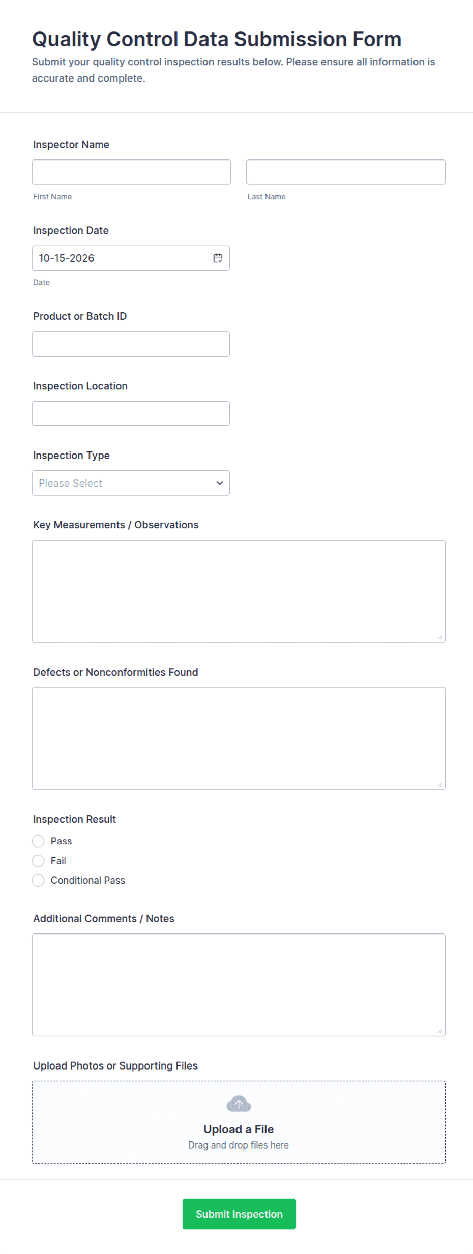 Quality Control Data Submission Form Template | Jotform