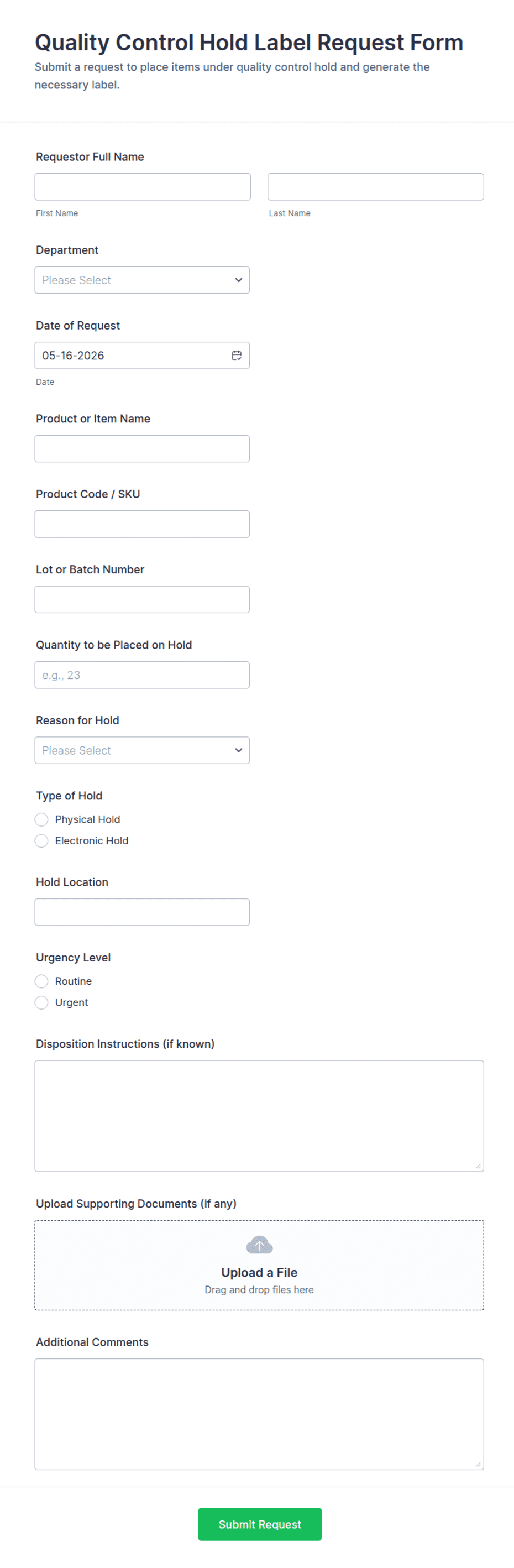 Quality Control Hold Label Request Form Template | Jotform