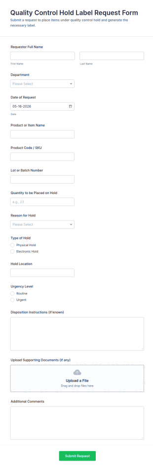 Quality Control Hold Label Request Form Template