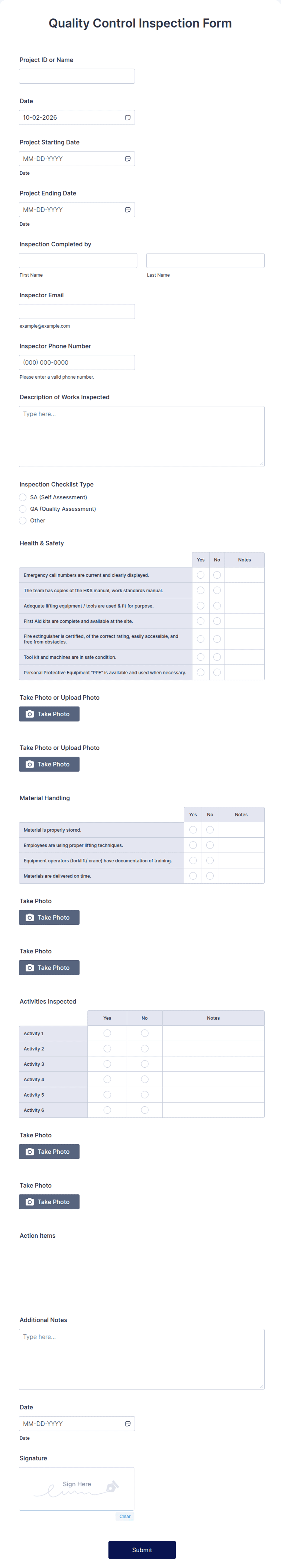 Quality Testing Form Quality Control Inspection Form Template | Jotform