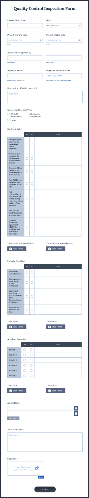 Quality Control Inspection Form Template