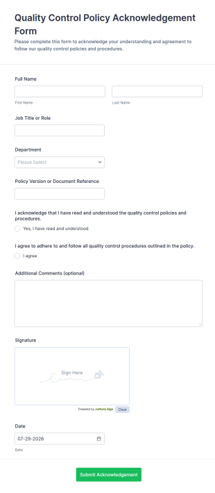 Quality Control Policy Acknowledgement Form Template
