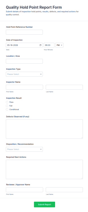 Quality Hold Point Report Form Template