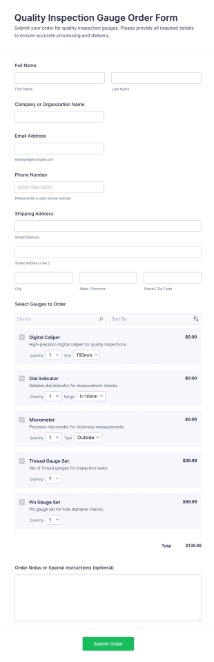 Quality Inspection Gauge Order Form Template