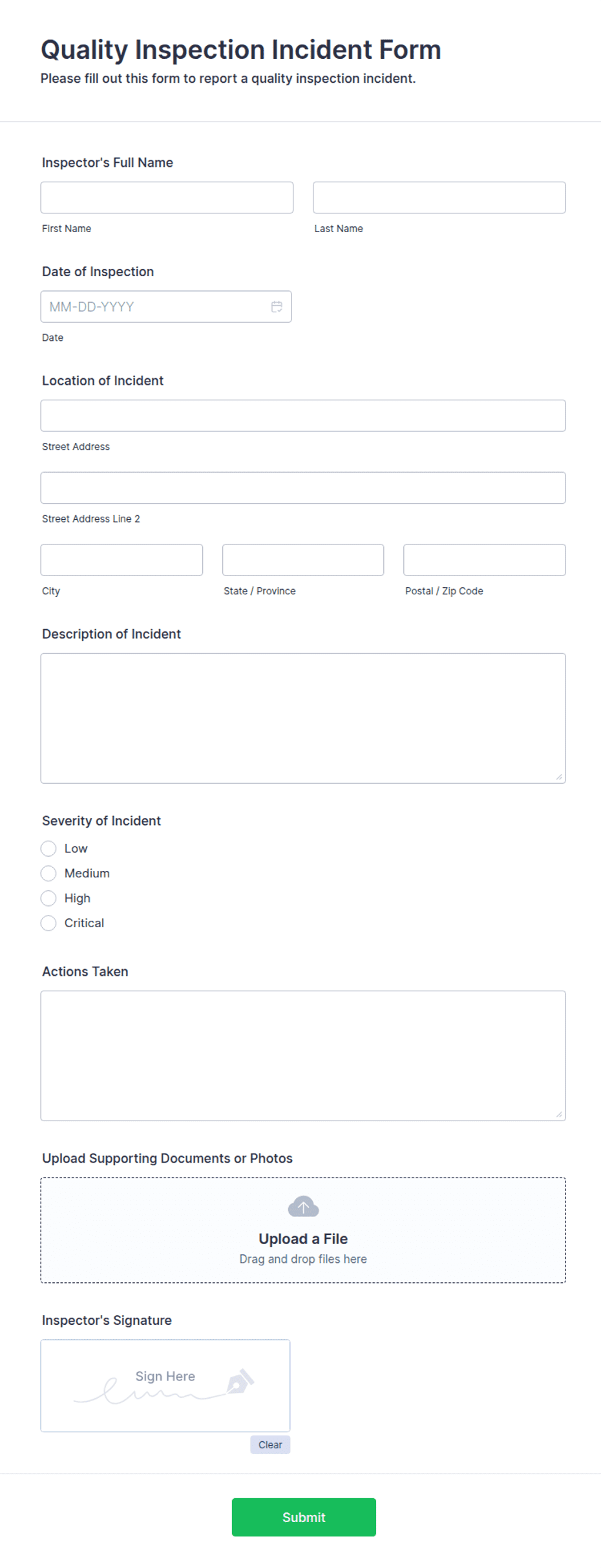 Quality Inspection Form Examples Quality Inspection Incident Form Template | Jotform