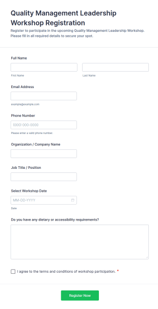 Quality Management Leadership Workshop Registration Form Template