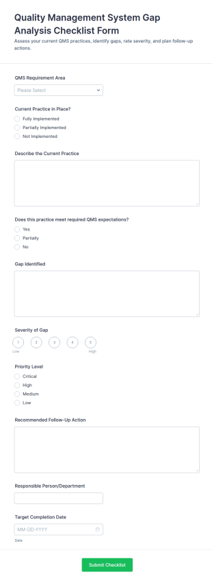 Quality Management System Gap Analysis Checklist Form Template