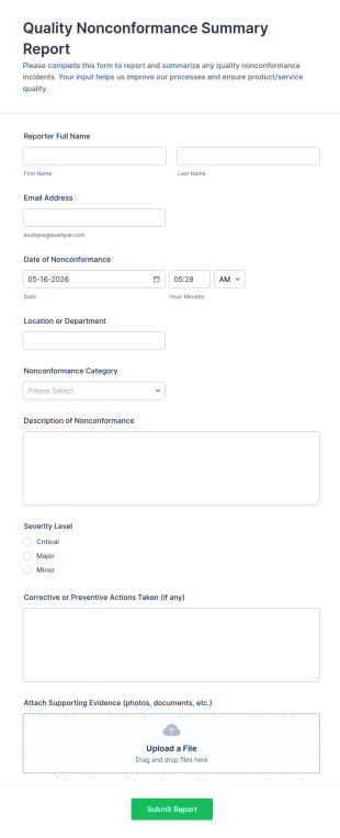 Quality Nonconformance Summary Report Form Template