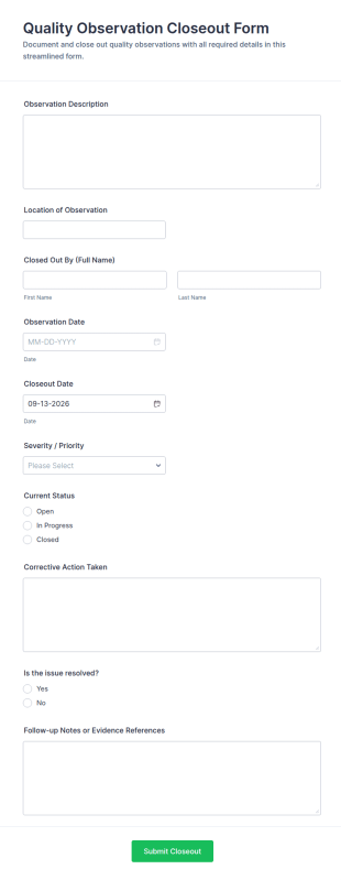 Quality Observation Closeout Form Template
