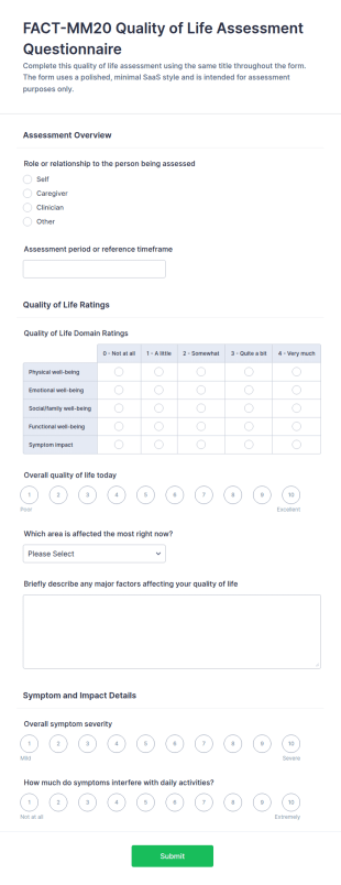 Quality Of Life Assessment Questionnaire Form Template