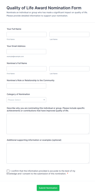 Quality Of Life Award Nomination Form Template