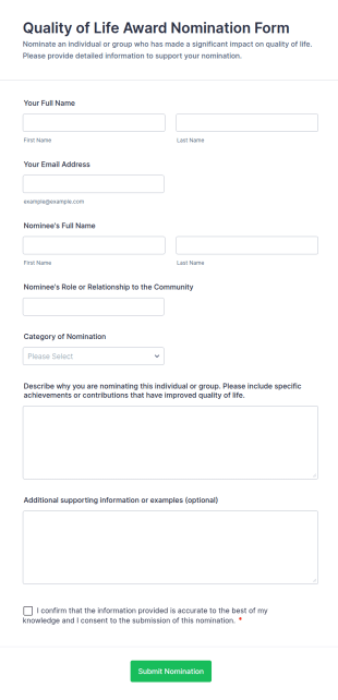 Quality Of Life Award Nomination Form Template
