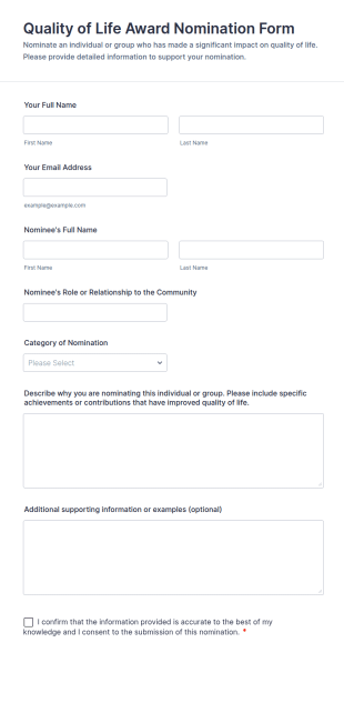 Quality Of Life Award Nomination Form Template