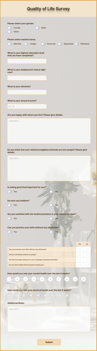 Quality Of Life Survey Form Template