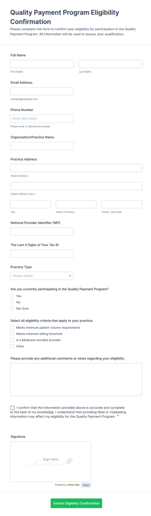 Quality Payment Program Eligibility Confirmation Form Template