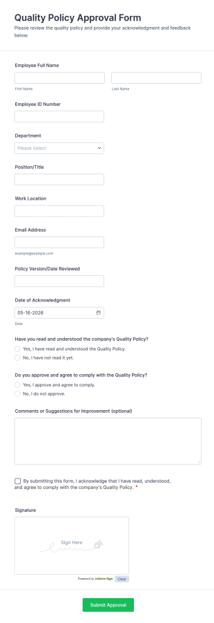 Quality Policy Approval Form Template