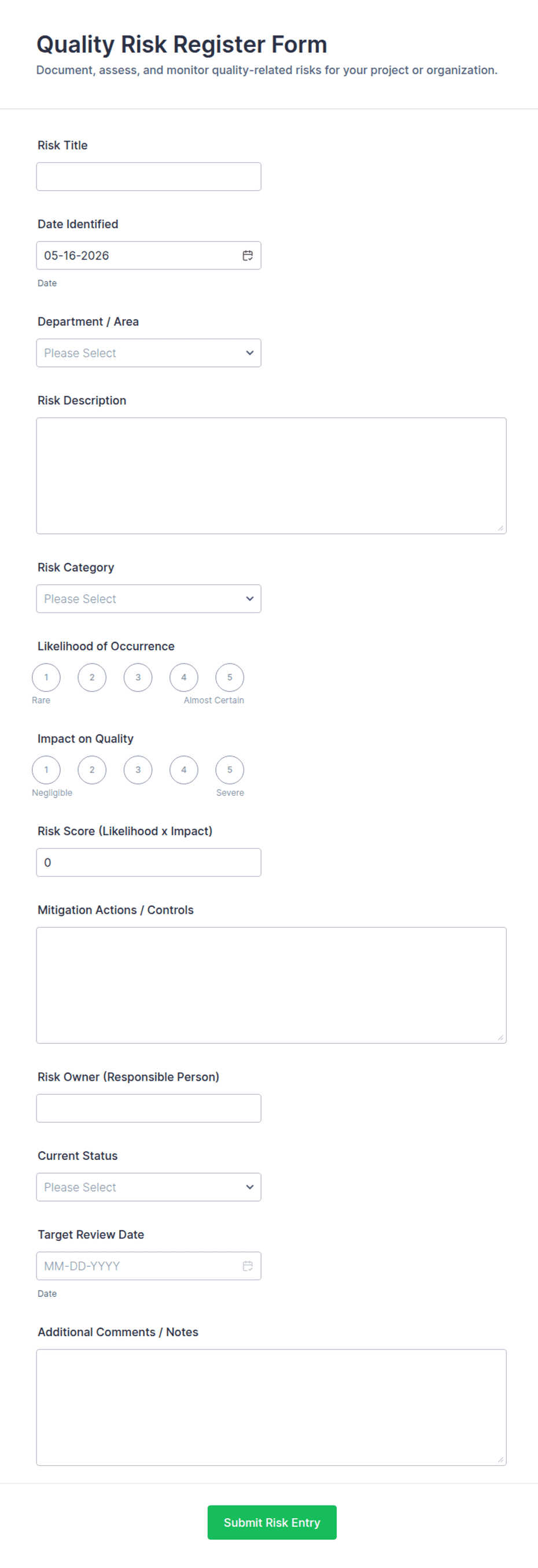 Quality Risk Register Form Template | Jotform