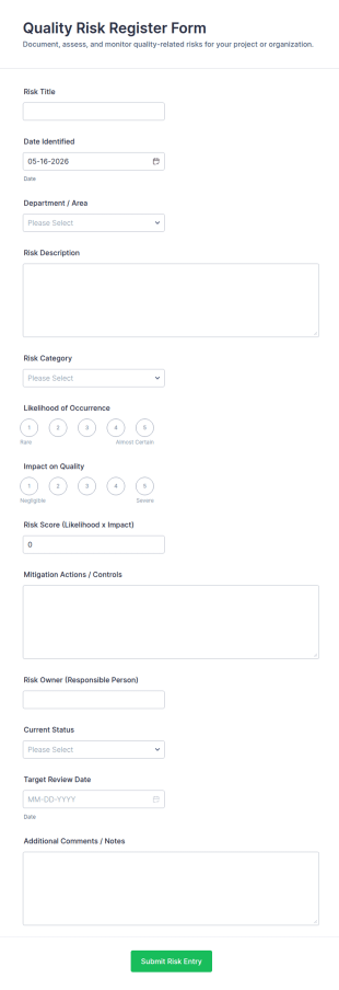 Quality Risk Register Form Template