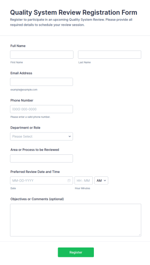 Quality System Review Registration Form Template