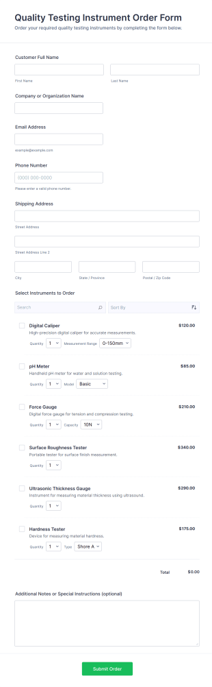 Quality Testing Instrument Order Form Template