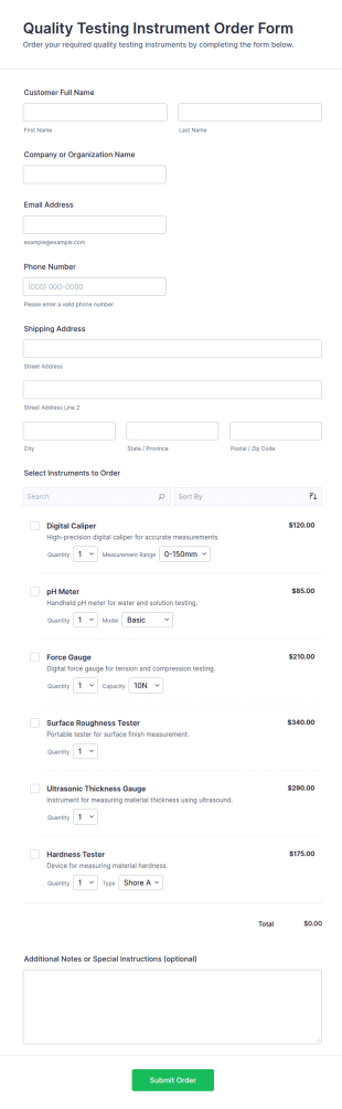 Quality Testing Instrument Order Form Template