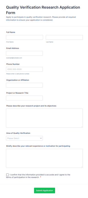 Quality Verification Research Application Form Form Template