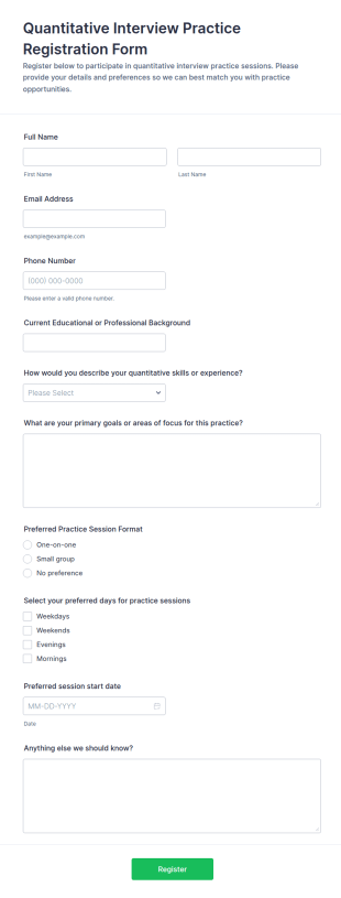 Quantitative Interview Practice Registration Form Template