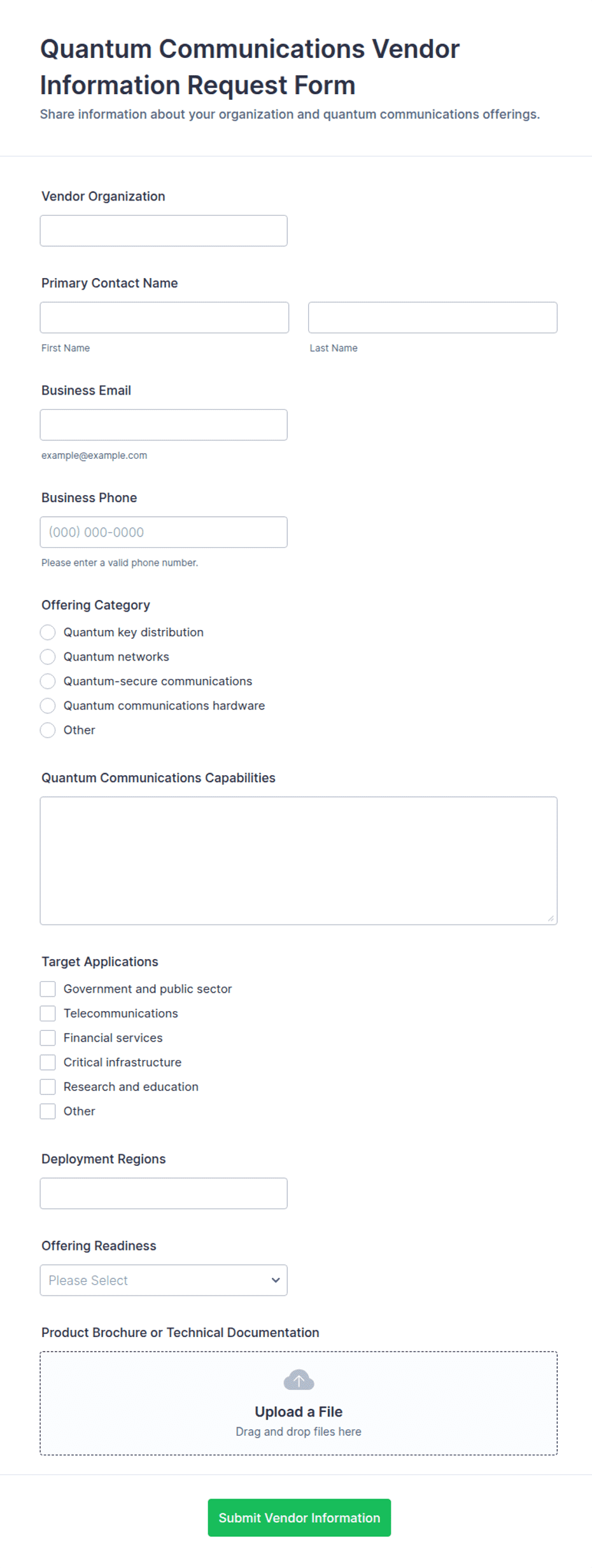 Quantum Communications Vendor Information Request Form Template | Jotform